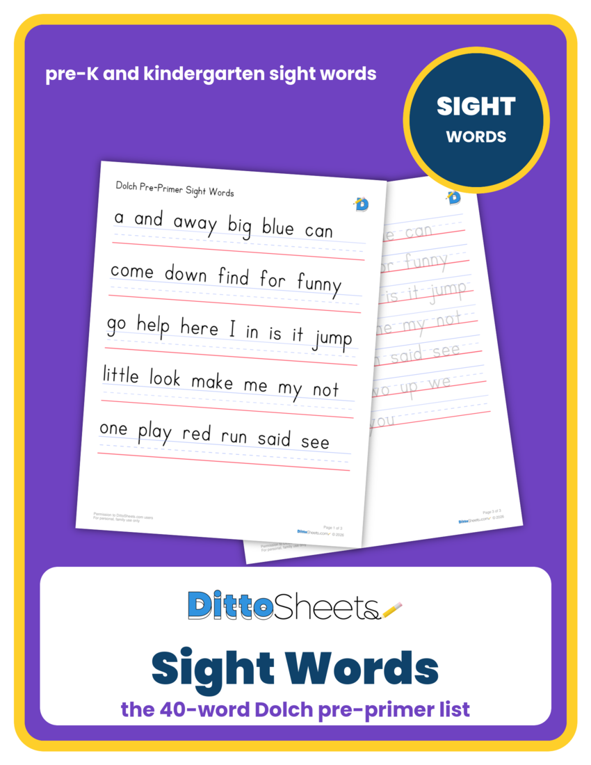 Sight Words: Dolch Pre-Primer List (40 Words) printable worksheet preview