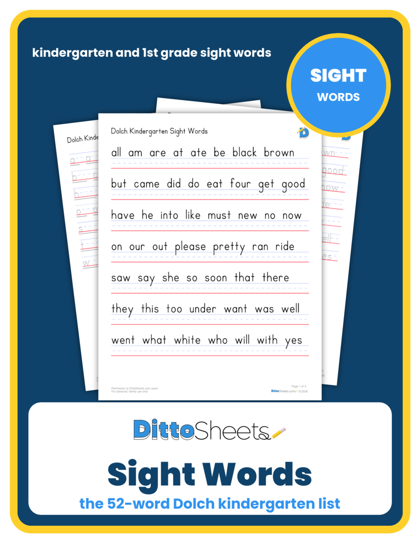 Sight Words: Dolch Kindergarten List (52 Words) printable worksheet preview