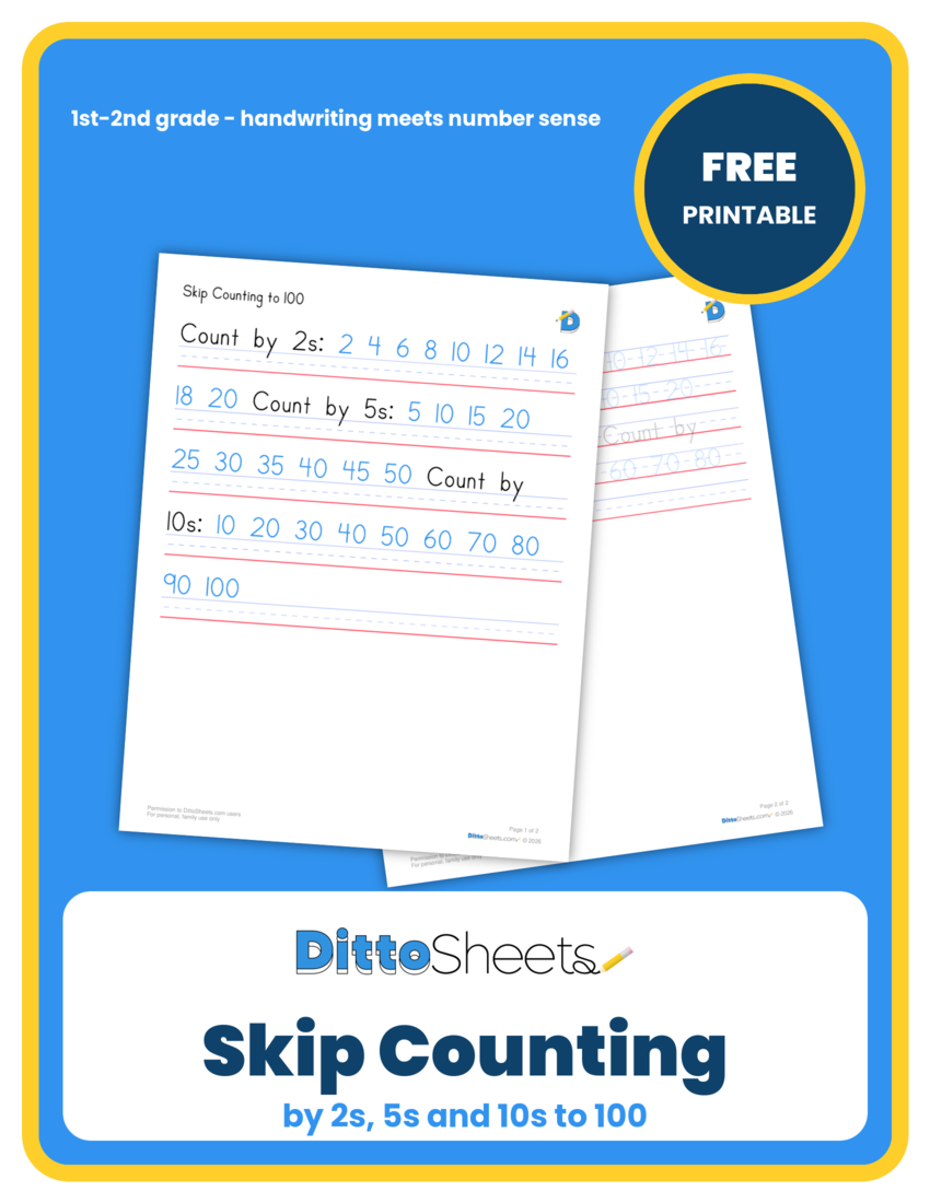Skip Counting by 2s, 5s and 10s to 100 printable worksheet preview