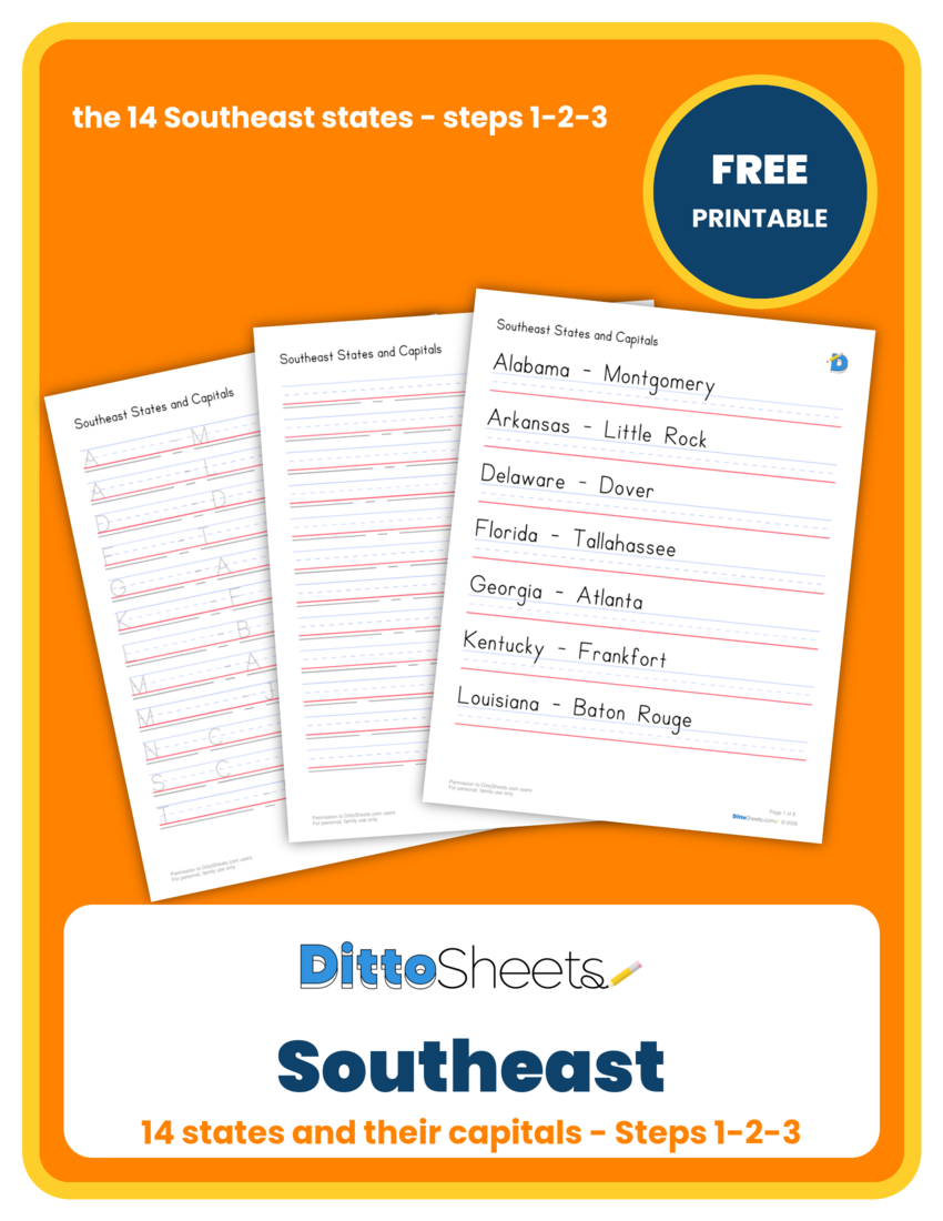 Preview of the Southeast States & Capitals Copywork printable worksheet