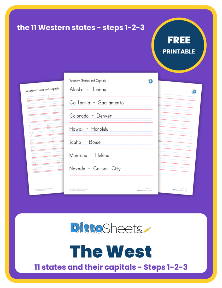 Preview of the Western States & Capitals Copywork printable worksheet