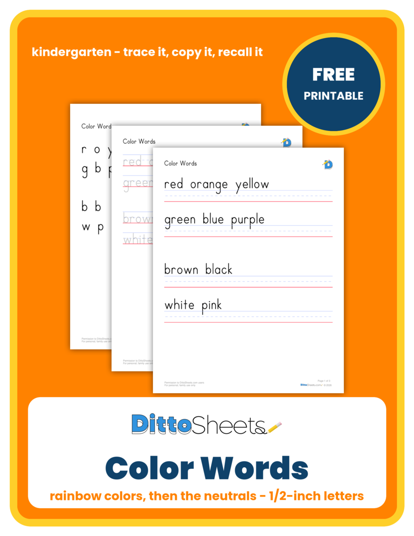 Preview of the Color Words Handwriting Practice printable worksheet