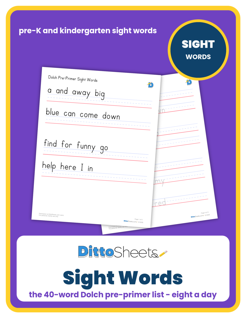Preview of the Sight Words: Dolch Pre-Primer List (40 Words) printable worksheet