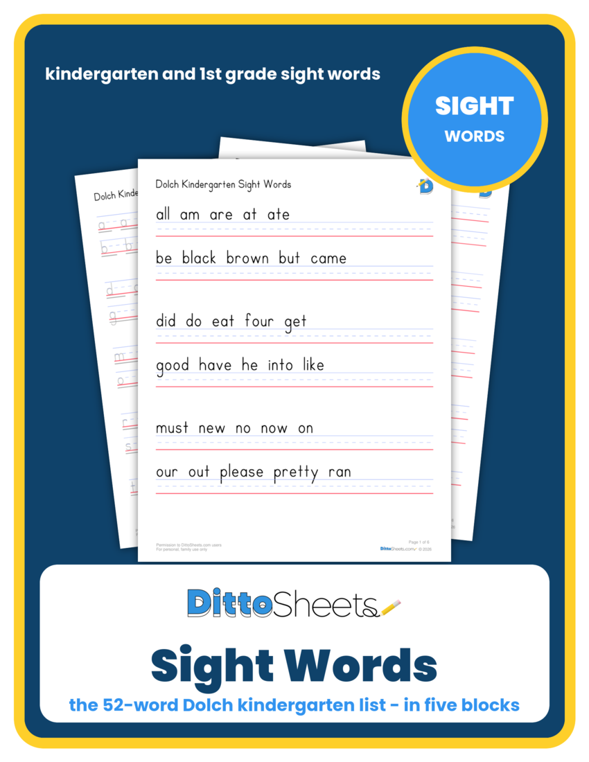 Preview of the Sight Words: Dolch Kindergarten List (52 Words) printable worksheet