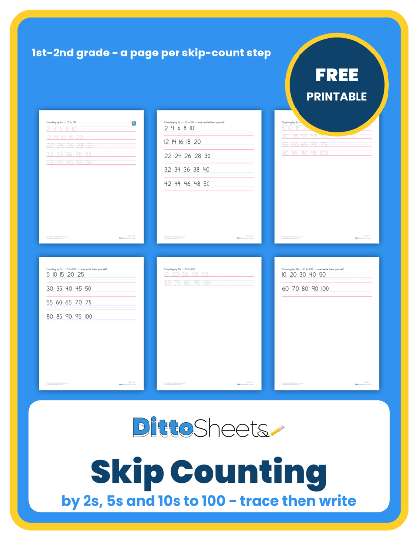 Preview of the Skip Counting by 2s, 5s and 10s to 100 printable worksheet