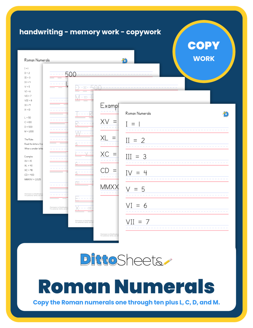 Preview of the Roman Numerals Copywork printable worksheet