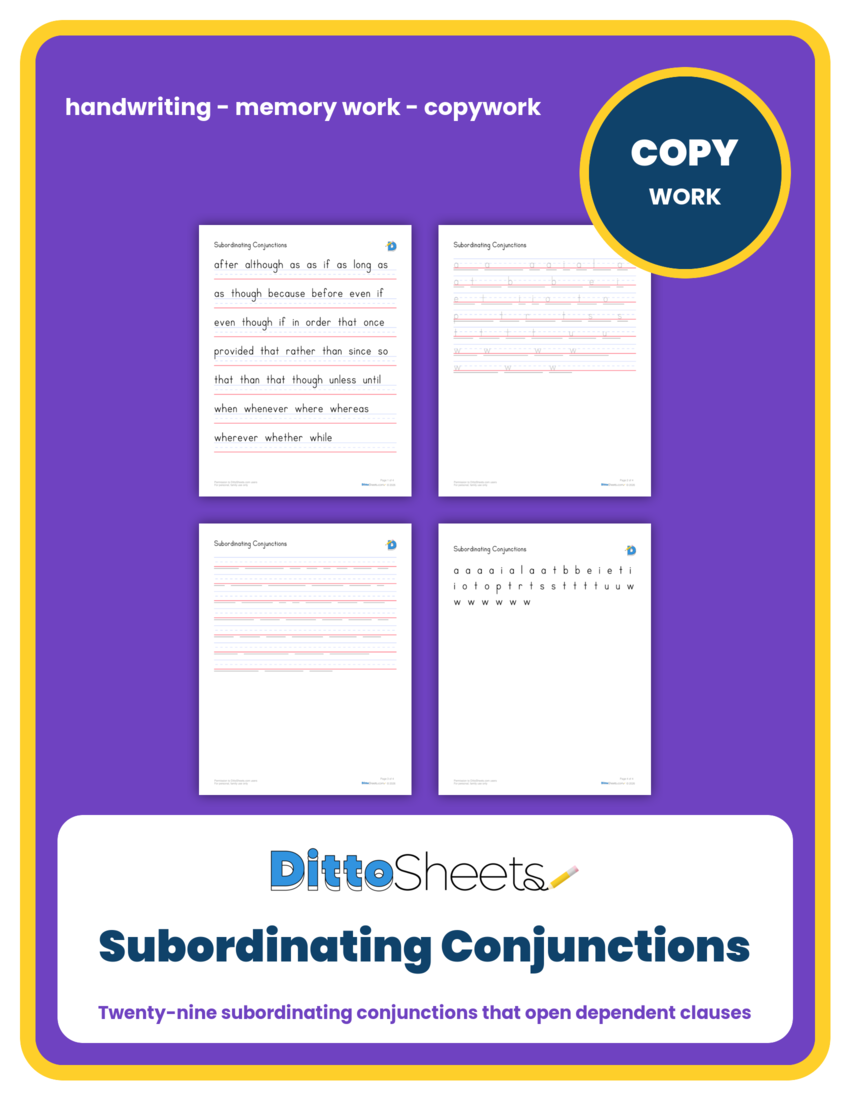 Preview of the Subordinating Conjunctions Copywork printable worksheet