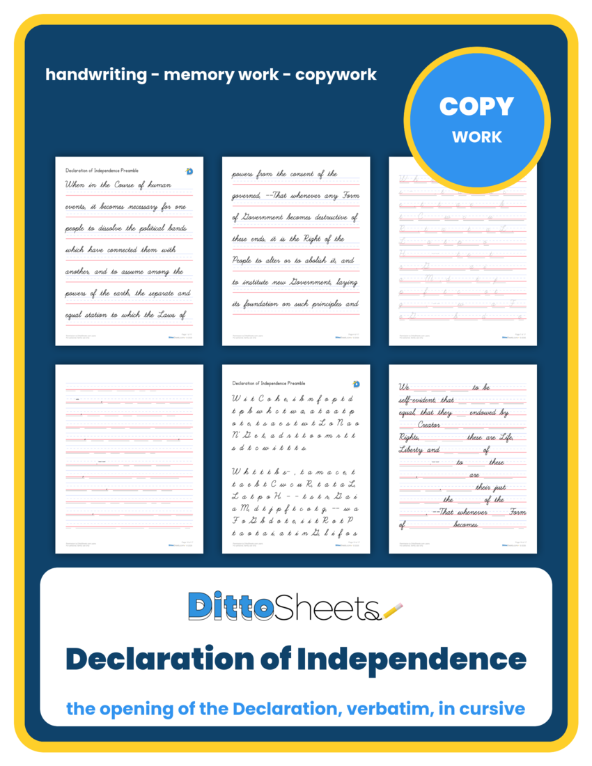 Preview of the Declaration of Independence Preamble Copywork printable worksheet