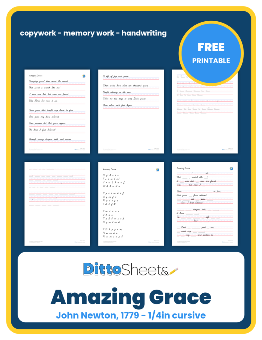 Preview of the Amazing Grace Copywork printable worksheet